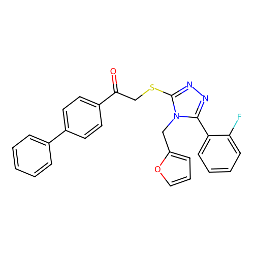 1-([1,1'-biphenyl]-4-yl)-2-((5-(2-fluorophenyl)-4-(furan-2-ylmethyl)-4H-1,2,4-triazol-3-yl)thio)ethanone structure