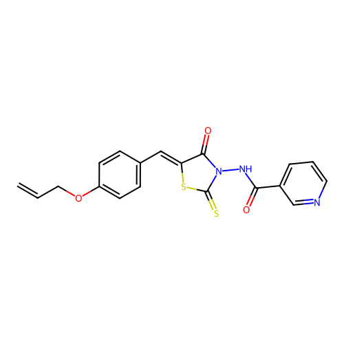 N-{(5Z)-4-oxo-5-[4-(prop-2-en-1-yloxy)benzylidene]-2-thioxo-1,3-thiazolidin-3-yl}pyridine-3-carboxamide structure