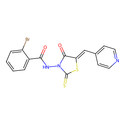(Z)-2-bromo-N-(4-oxo-5-(pyridin-4-ylmethylene)-2-thioxothiazolidin-3-yl)benzamide structure