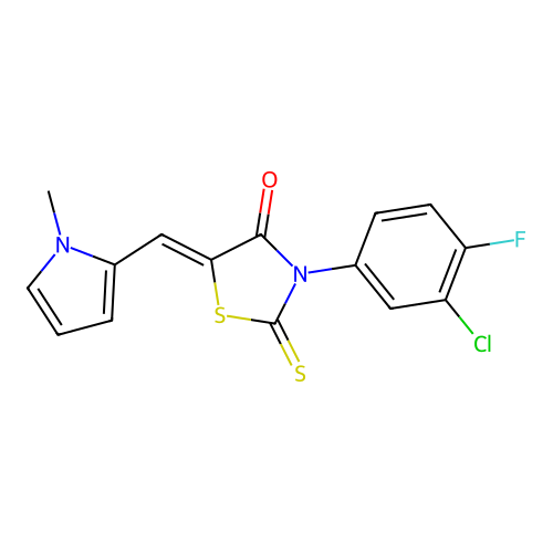 (Z)-3-(3-chloro-4-fluorophenyl)-5-((1-methyl-1H-pyrrol-2-yl)methylene)-2-thioxothiazolidin-4-one structure