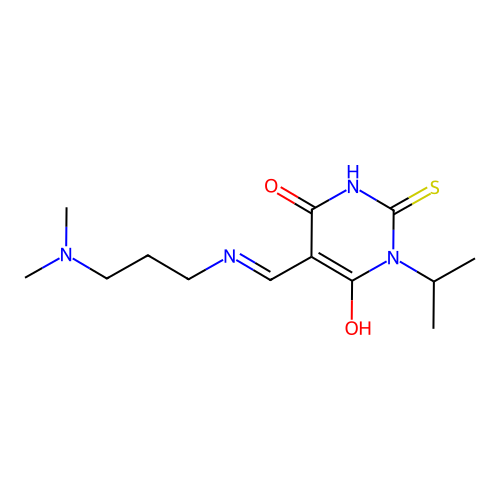 (E)-5-(((3-(dimethylamino)propyl)amino)methylene)-1-isopropyl-2-thioxodihydropyrimidine-4,6(1H,5H)-dione structure