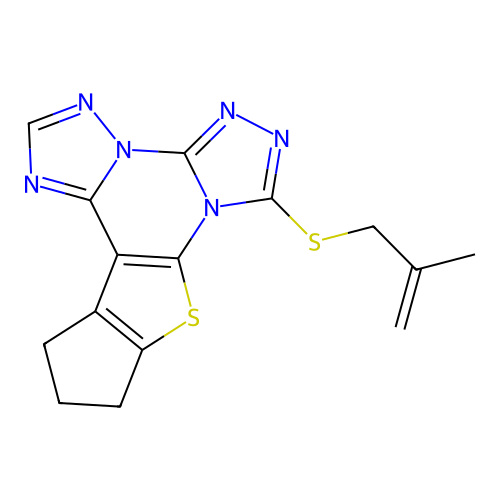 7-((2-methylallyl)thio)-11,12-dihydro-10H-cyclopenta[4,5]thieno[3,2-e]bis([1,2,4]triazolo)[4,3-a:1',5'-c]pyrimidine structure