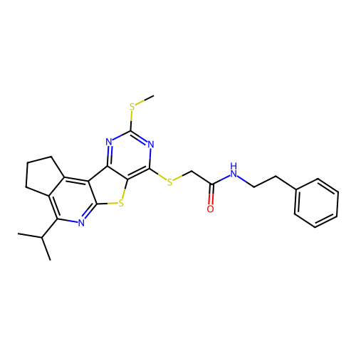 2-((4-isopropyl-9-(methylthio)-2,3-dihydro-1H-cyclopenta[4',5']pyrido[3',2':4,5]thieno[3,2-d]pyrimidin-7-yl)thio)-N-phenethylacetamide structure