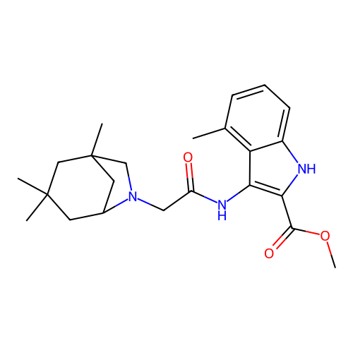 methyl 4-methyl-3-(2-(1,3,3-trimethyl-6-azabicyclo[3.2.1]octan-6-yl)acetamido)-1H-indole-2-carboxylate structure
