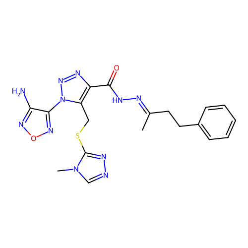 (E)-1-(4-amino-1,2,5-oxadiazol-3-yl)-5-(((4-methyl-4H-1,2,4-triazol-3-yl)thio)methyl)-N'-(4-phenylbutan-2-ylidene)-1H-1,2,3-triazole-4-carbohydrazide structure