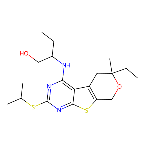 2-((6-ethyl-2-(isopropylthio)-6-methyl-6,8-dihydro-5H-pyrano[4',3':4,5]thieno[2,3-d]pyrimidin-4-yl)amino)butan-1-ol structure