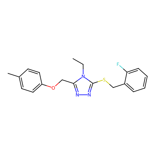 4-ethyl-3-((2-fluorobenzyl)thio)-5-((p-tolyloxy)methyl)-4H-1,2,4-triazole structure