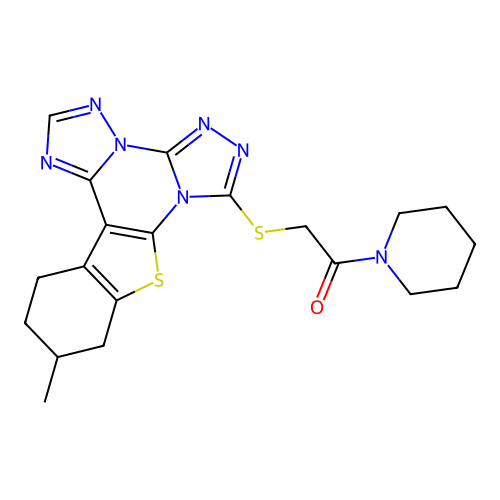 2-((11-methyl-10,11,12,13-tetrahydrobenzo[4,5]thieno[3,2-e]bis([1,2,4]triazolo)[4,3-a:1',5'-c]pyrimidin-7-yl)thio)-1-(piperidin-1-yl)ethanone structure