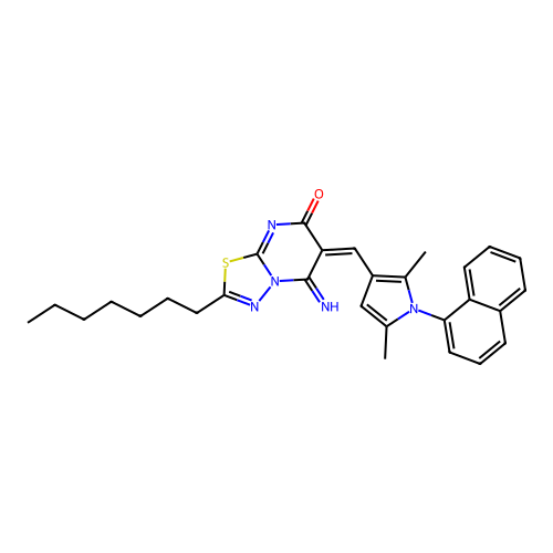 (6E)-6-[(2,5-dimethyl-1-naphthalen-1-ylpyrrol-3-yl)methylidene]-2-heptyl-5-imino-[1,3,4]thiadiazolo[3,2-a]pyrimidin-7-one structure