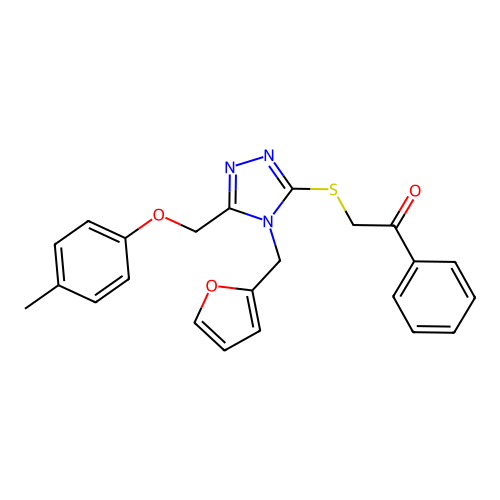 2-((4-(furan-2-ylmethyl)-5-((p-tolyloxy)methyl)-4H-1,2,4-triazol-3-yl)thio)-1-phenylethanone structure
