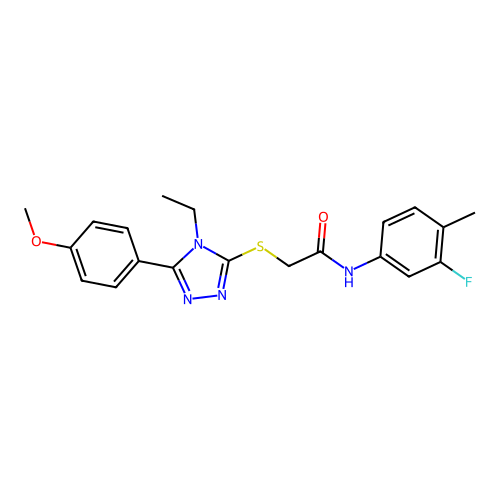 2-((4-ethyl-5-(4-methoxyphenyl)-4H-1,2,4-triazol-3-yl)thio)-N-(3-fluoro-4-methylphenyl)acetamide structure