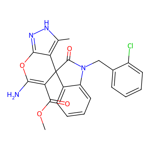 methyl 6'-amino-1-(2-chlorobenzyl)-3'-methyl-2-oxo-1'H-spiro[indoline-3,4'-pyrano[2,3-c]pyrazole]-5'-carboxylate structure