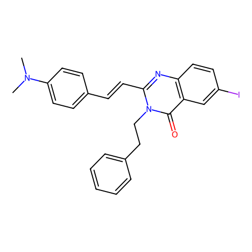(E)-2-(4-(dimethylamino)styryl)-6-iodo-3-phenethylquinazolin-4(3H)-one structure