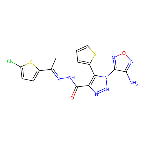 (E)-1-(4-amino-1,2,5-oxadiazol-3-yl)-N'-(1-(5-chlorothiophen-2-yl)ethylidene)-5-(thiophen-2-yl)-1H-1,2,3-triazole-4-carbohydrazide structure