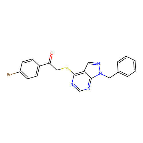 2-((1-benzyl-1H-pyrazolo[3,4-d]pyrimidin-4-yl)thio)-1-(4-bromophenyl)ethanone structure