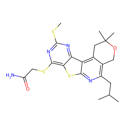 2-((5-isobutyl-2,2-dimethyl-10-(methylthio)-2,4-dihydro-1H-pyrano[4'',3'':4',5']pyrido[3',2':4,5]thieno[3,2-d]pyrimidin-8-yl)thio)acetamide structure
