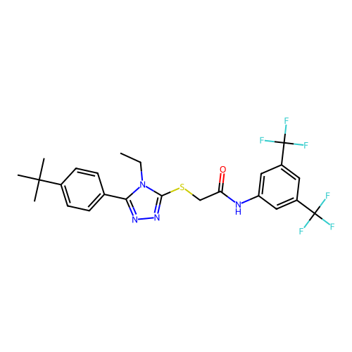 2-{5-[4-(tert-butyl)phenyl]-4-ethyl(1,2,4-triazol-3-ylthio)}-N-[3,5-bis(triflu oromethyl)phenyl]acetamide structure
