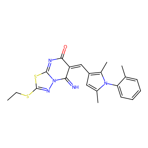 (6E)-6-[[2,5-dimethyl-1-(2-methylphenyl)pyrrol-3-yl]methylidene]-2-ethylsulfanyl-5-imino-[1,3,4]thiadiazolo[3,2-a]pyrimidin-7-one structure
