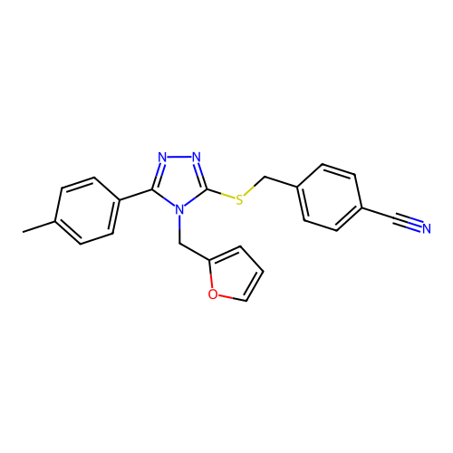 4-(((4-(furan-2-ylmethyl)-5-(p-tolyl)-4H-1,2,4-triazol-3-yl)thio)methyl)benzonitrile structure