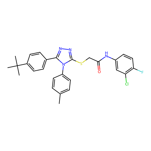 2-{[5-(4-tert-butylphenyl)-4-(4-methylphenyl)-4H-1,2,4-triazol-3-yl]sulfanyl}-N-(3-chloro-4-fluorophenyl)acetamide structure