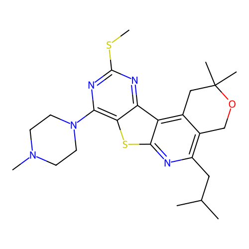 2,2-dimethyl-8-(4-methylpiperazin-1-yl)-5-(2-methylpropyl)-10-(methylsulfanyl)-1,4-dihydro-2H-pyrano[4'',3'':4',5']pyrido[3',2':4,5]thieno[3,2-d]pyrimidine structure