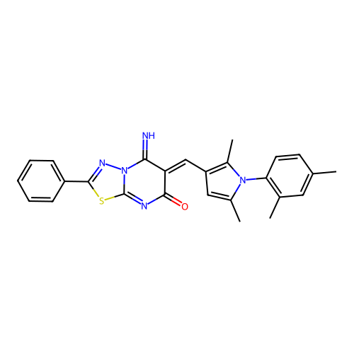 (6Z)-6-[[1-(2,4-dimethylphenyl)-2,5-dimethylpyrrol-3-yl]methylidene]-5-imino-2-phenyl-[1,3,4]thiadiazolo[3,2-a]pyrimidin-7-one structure