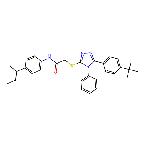 N-[4-(butan-2-yl)phenyl]-2-{[5-(4-tert-butylphenyl)-4-phenyl-4H-1,2,4-triazol-3-yl]sulfanyl}acetamide structure