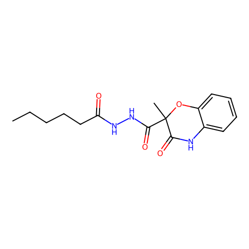 N'-hexanoyl-2-methyl-3-oxo-3,4-dihydro-2H-1,4-benzoxazine-2-carbohydrazide structure