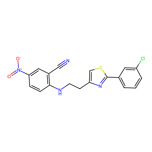 2-({2-[2-(3-chlorophenyl)-1,3-thiazol-4-yl]ethyl}amino)-5-nitrobenzenecarbonitrile structure