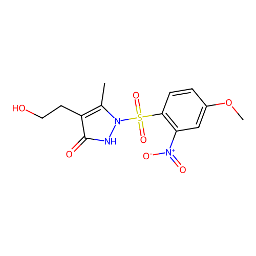 4-(2-hydroxyethyl)-1-[(4-methoxy-2-nitrophenyl)sulfonyl]-5-methyl-1,2-dihydro-3H-pyrazol-3-one structure