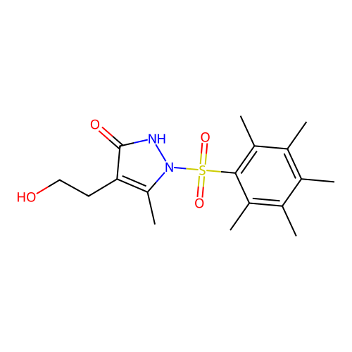 4-(2-hydroxyethyl)-5-methyl-1-[(2,3,4,5,6-pentamethylphenyl)sulfonyl]-1,2-dihydro-3H-pyrazol-3-one structure