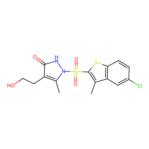 1-[(5-chloro-3-methyl-1-benzothiophen-2-yl)sulfonyl]-4-(2-hydroxyethyl)-5-methyl-1,2-dihydro-3H-pyrazol-3-one structure