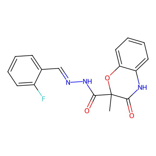 N-[(2-fluorophenyl)methylideneamino]-2-methyl-3-oxo-4H-1,4-benzoxazine-2-carboxamide structure