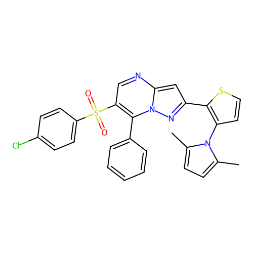 4-chlorophenyl 2-[3-(2,5-dimethyl-1H-pyrrol-1-yl)-2-thienyl]-7-phenylpyrazolo[1,5-a]pyrimidin-6-yl sulfone structure