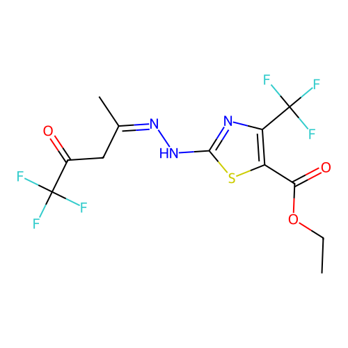 ethyl 4-(trifluoromethyl)-2-[2-(5,5,5-trifluoro-4-oxopentan-2-ylidene)hydrazinyl]-1,3-thiazole-5-carboxylate structure