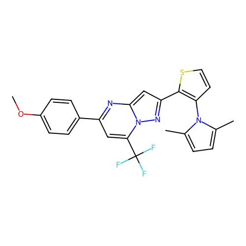 2-[3-(2,5-dimethyl-1H-pyrrol-1-yl)-2-thienyl]-5-(4-methoxyphenyl)-7-(trifluoromethyl)pyrazolo[1,5-a]pyrimidine structure