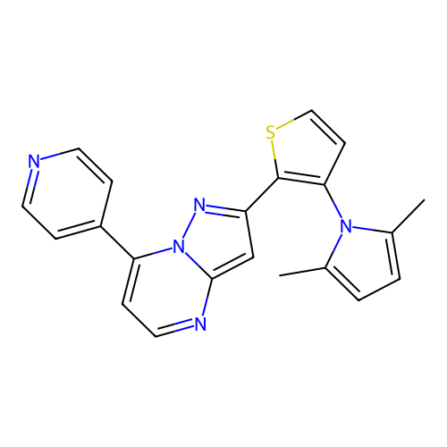 2-[3-(2,5-dimethyl-1H-pyrrol-1-yl)-2-thienyl]-7-(4-pyridinyl)pyrazolo[1,5-a]pyrimidine structure