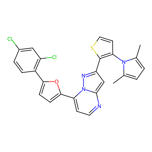 7-[5-(2,4-dichlorophenyl)-2-furyl]-2-[3-(2,5-dimethyl-1H-pyrrol-1-yl)-2-thienyl]pyrazolo[1,5-a]pyrimidine structure