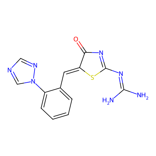 2-[4-oxo-5-[[2-(1,2,4-triazol-1-yl)phenyl]methylidene]-1,3-thiazol-2-yl]guanidine structure