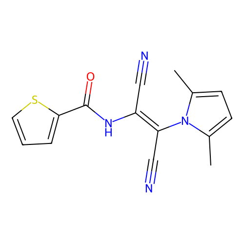 N-[(E)-1,2-dicyano-2-(2,5-dimethylpyrrol-1-yl)ethenyl]thiophene-2-carboxamide structure