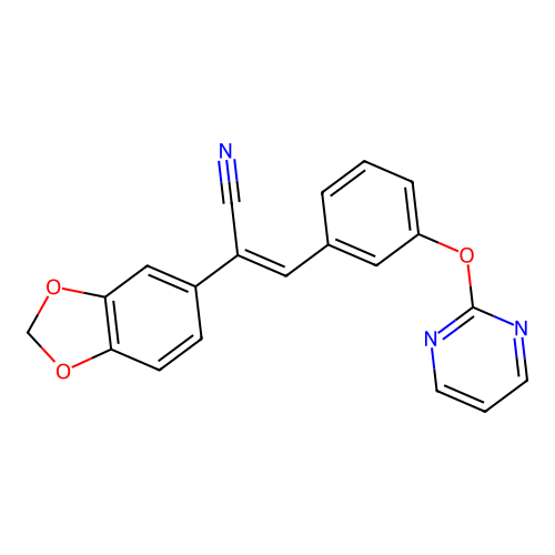 (Z)-2-(1,3-benzodioxol-5-yl)-3-[3-(2-pyrimidinyloxy)phenyl]-2-propenenitrile structure