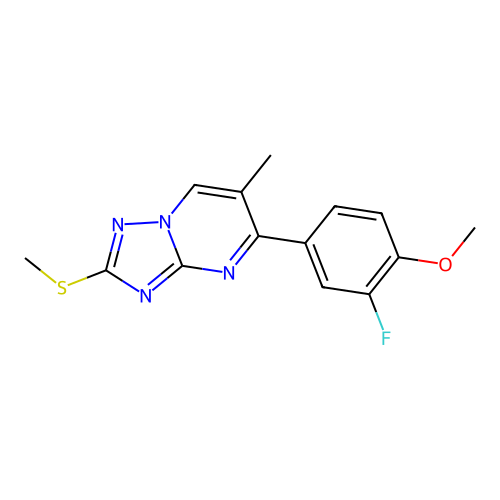 2-fluoro-4-[6-methyl-2-(methylsulfanyl)[1,2,4]triazolo[1,5-a]pyrimidin-5-yl]phenyl methyl ether structure