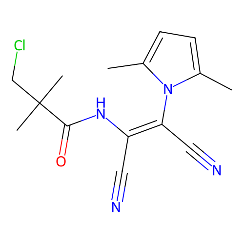 3-chloro-N-[1,2-dicyano-2-(2,5-dimethylpyrrol-1-yl)ethenyl]-2,2-dimethylpropanamide structure