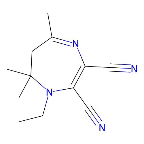 1-ethyl-5,7,7-trimethyl-6,7-dihydro-1H-1,4-diazepine-2,3-dicarbonitrile structure