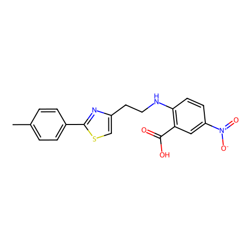 2-({2-[2-(4-methylphenyl)-1,3-thiazol-4-yl]ethyl}amino)-5-nitrobenzenecarboxylic acid structure
