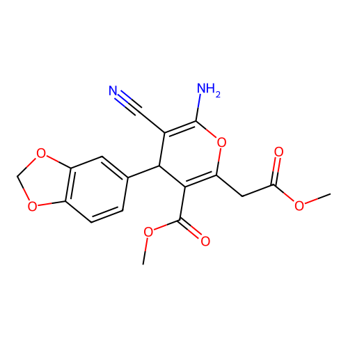 methyl 6-amino-4-(1,3-benzodioxol-5-yl)-5-cyano-2-(2-methoxy-2-oxoethyl)-4H-pyran-3-carboxylate structure