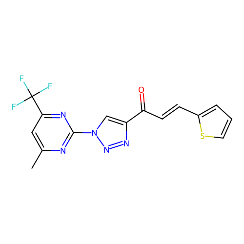 1-{1-[4-methyl-6-(trifluoromethyl)-2-pyrimidinyl]-1H-1,2,3-triazol-4-yl}-3-(2-thienyl)-2-propen-1-one structure