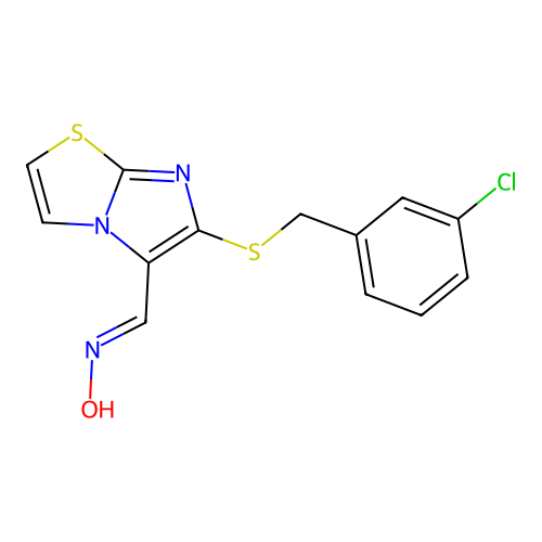 N-[(6-{[(3-chlorophenyl)methyl]sulfanyl}imidazo[2,1-b][1,3]thiazol-5-yl)methylidene]hydroxylamine structure