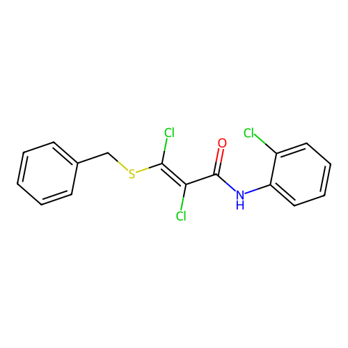 3-benzylsulfanyl-2,3-dichloro-N-(2-chlorophenyl)prop-2-enamide structure