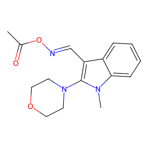 Acetic acid [[1-methyl-2-(4-morpholinyl)-3-indolyl]methylideneamino] ester structure